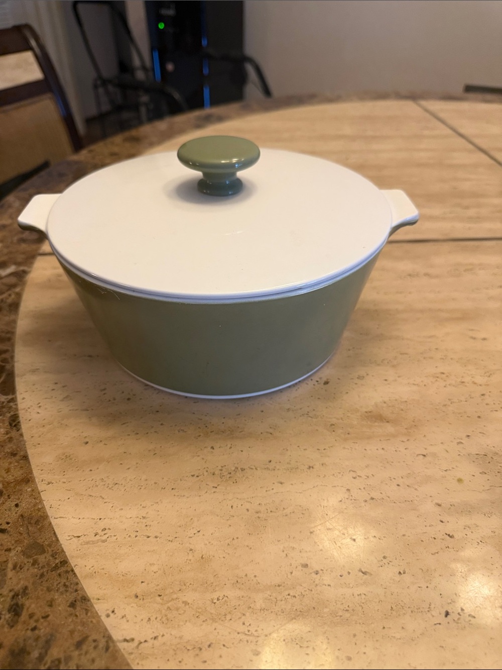 Corningware Olive Green and White Covered Casserole Dish
